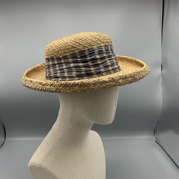 Eric Javits Lily J Woven Straw Hat Sun Beach Round Kettle Brim Trim Plaid Band main image 5